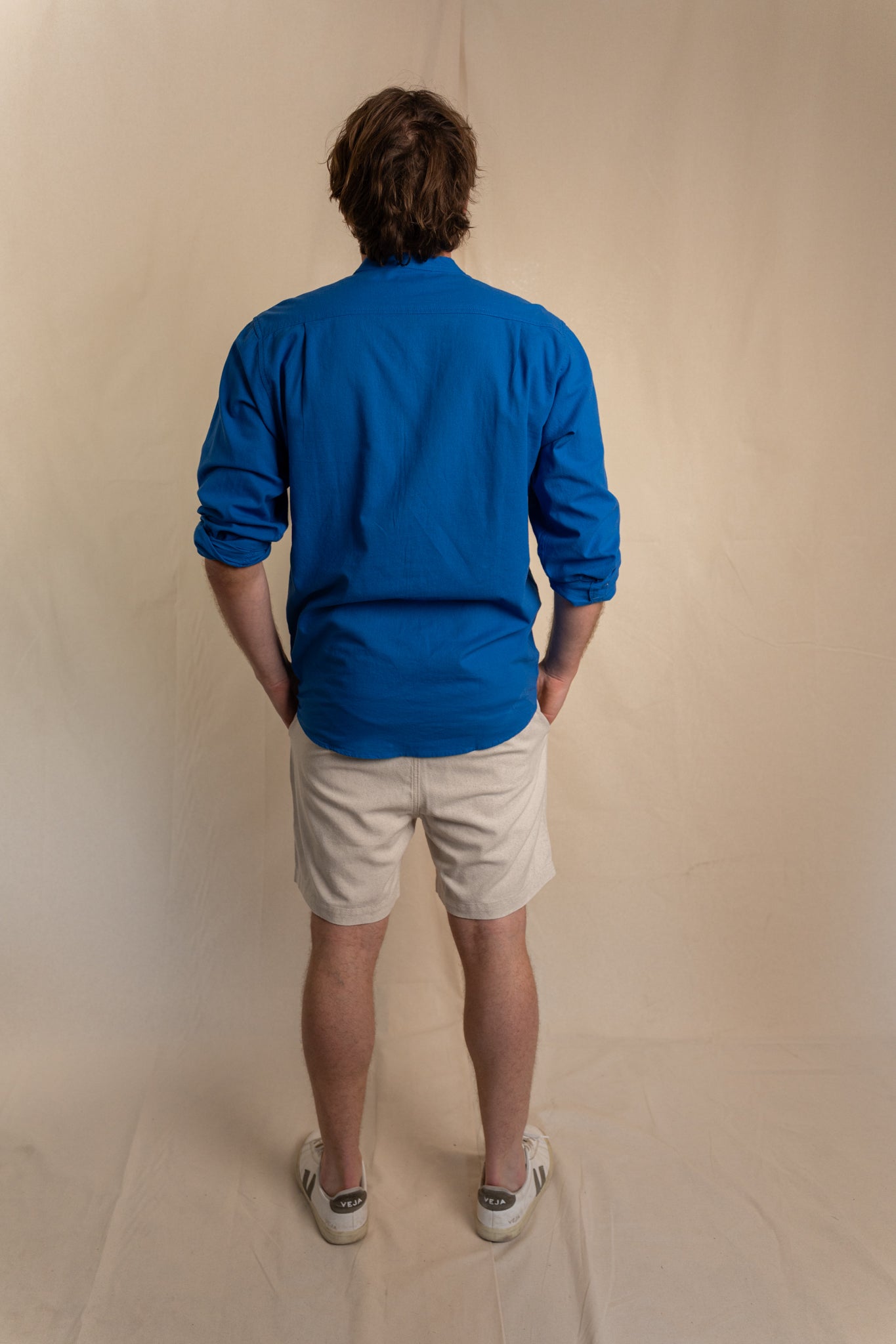 Camisa Lino Niza Cuello Mao Azul Cobalto