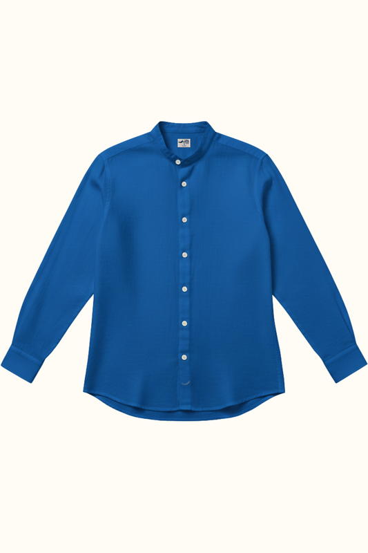 Camisa Lino Niza Cuello Mao Azul Cobalto