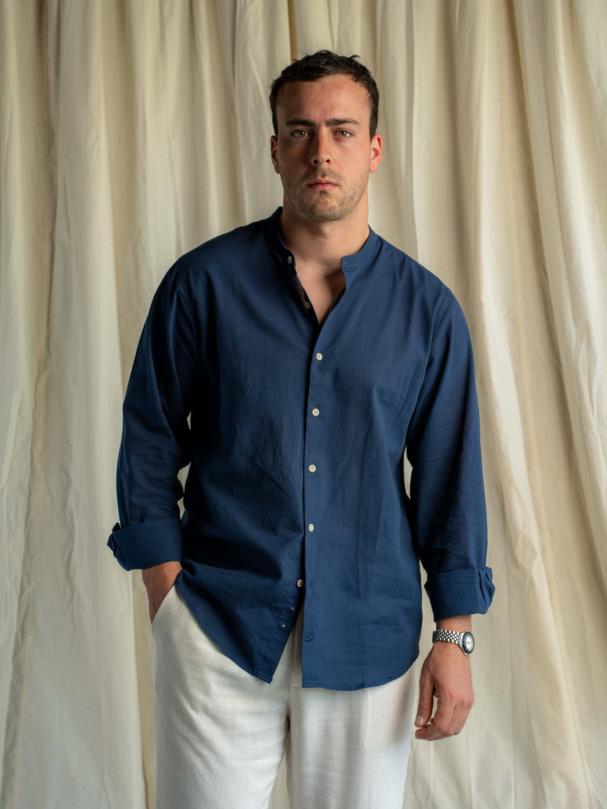 Camisa Lino Rapallo Cuello Mao Navy