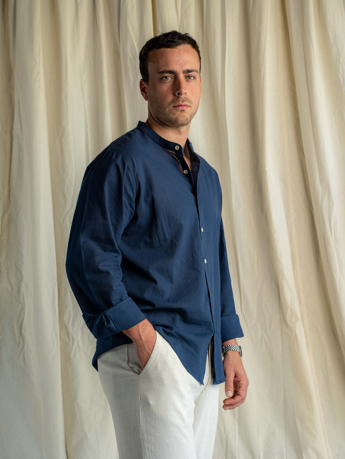Camisa Lino Rapallo Cuello Mao Navy