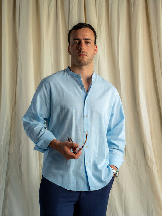 Camisa Lino Rapallo Cuello Mao Celeste