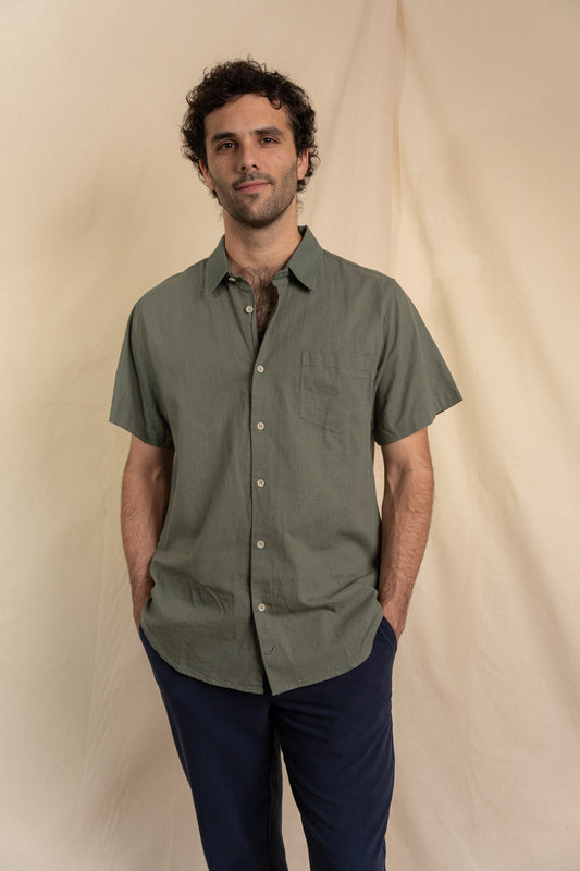 Camisa Lino Niza Manga Corta Verde Olivo