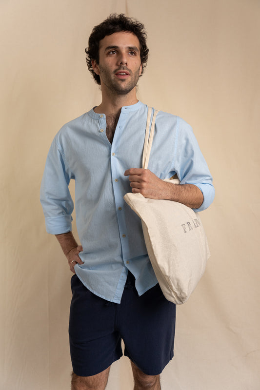 Camisa Lino Niza Cuello Mao Celeste