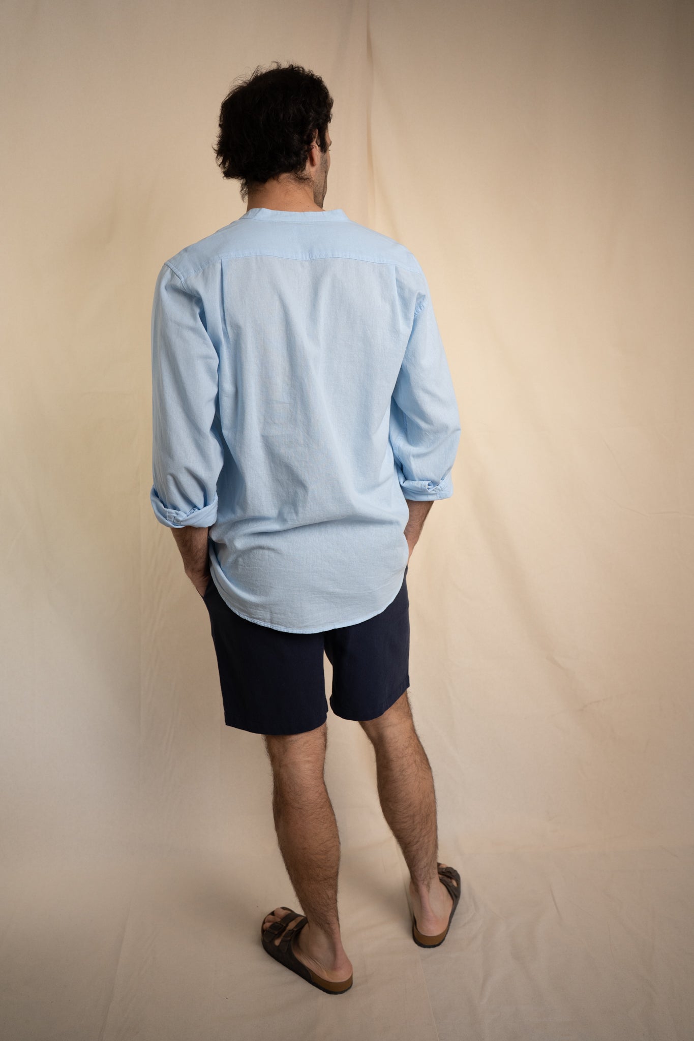 Camisa Lino Niza Cuello Mao Celeste