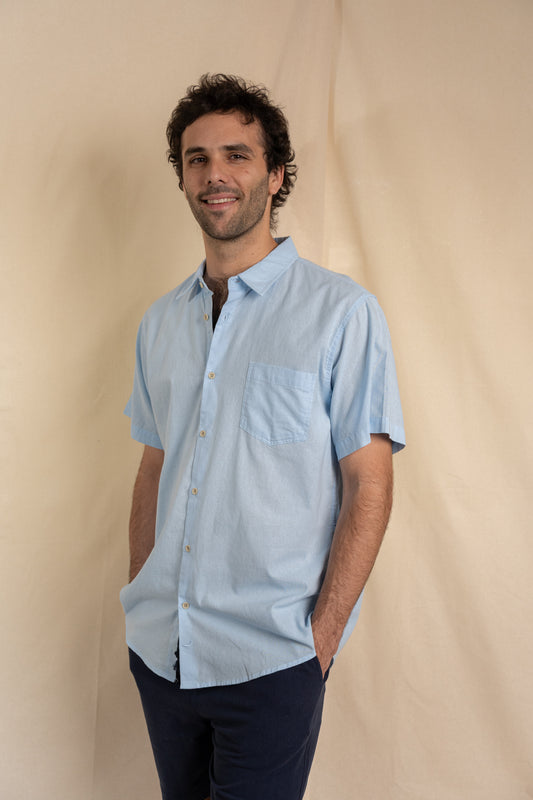 Camisa Lino Niza Manga Corta Celeste