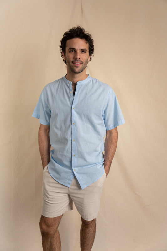 Camisa Lino Niza Mao M. Corta Celeste