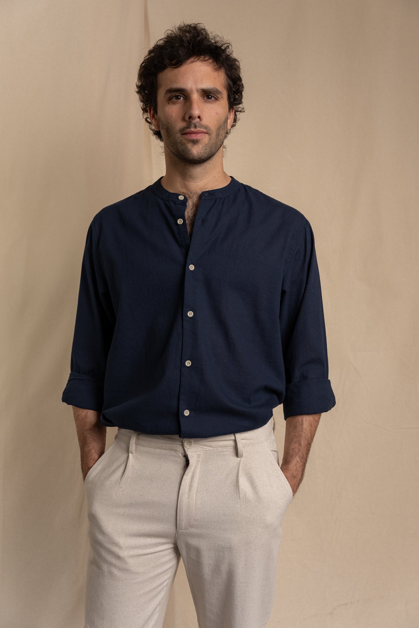 Camisa Lino Niza Cuello Mao Navy