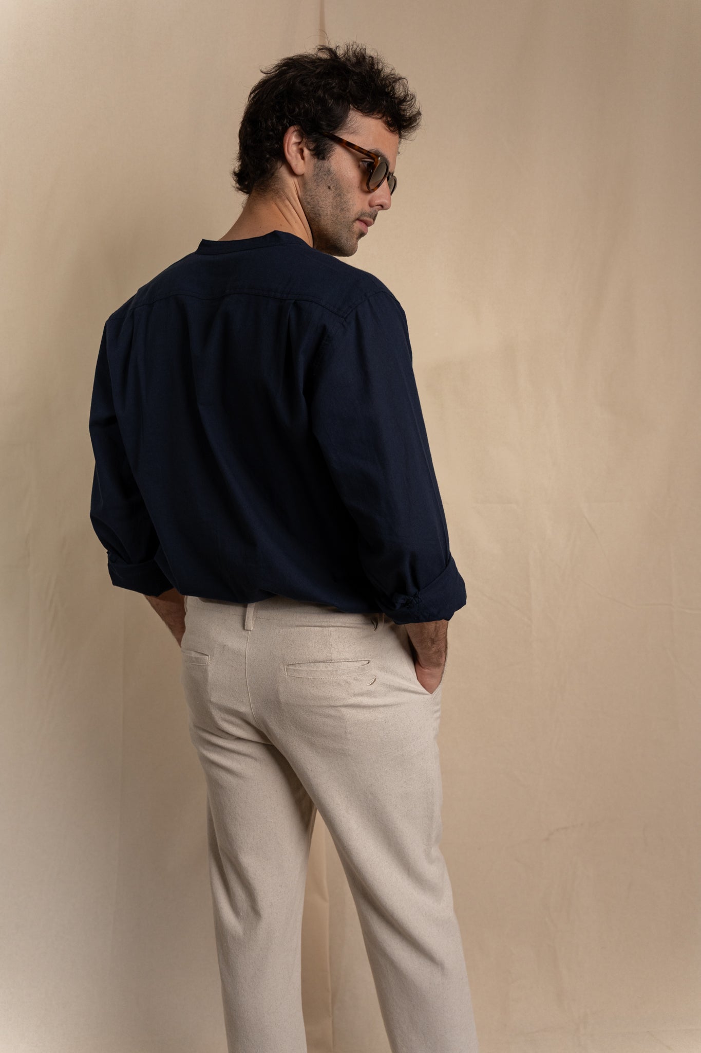 Camisa Lino Niza Cuello Mao Navy