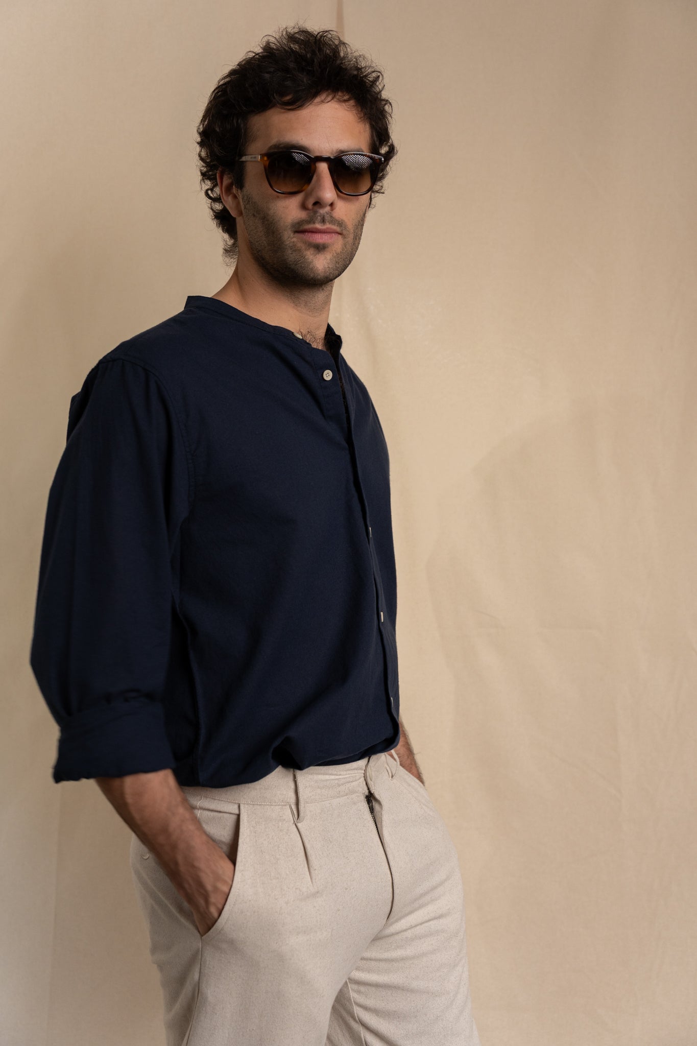 Camisa Lino Niza Cuello Mao Navy