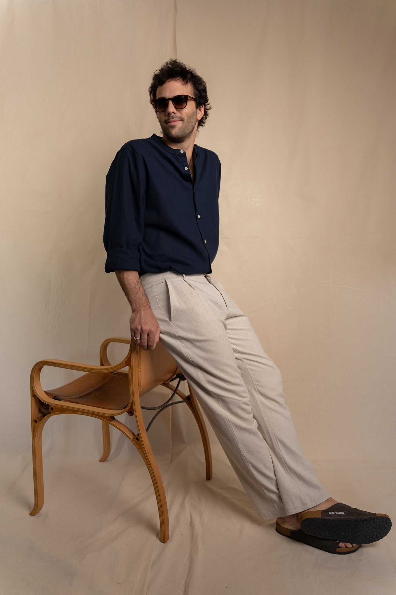 Camisa Lino Niza Cuello Mao Navy