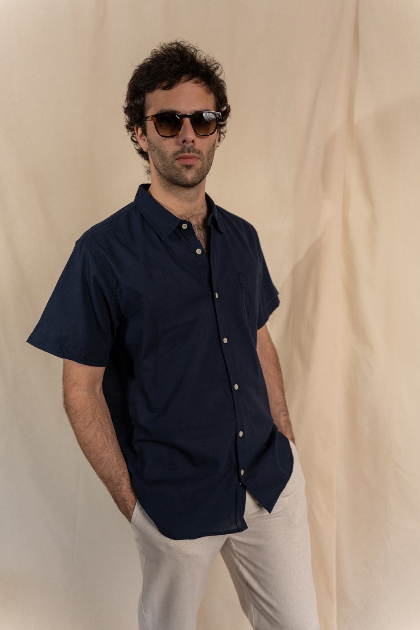 Camisa Lino Niza Manga Corta Navy
