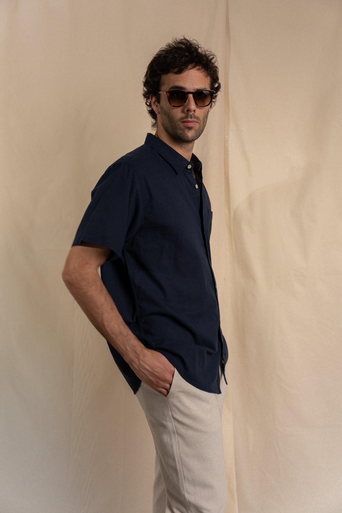 Camisa Lino Niza Manga Corta Navy