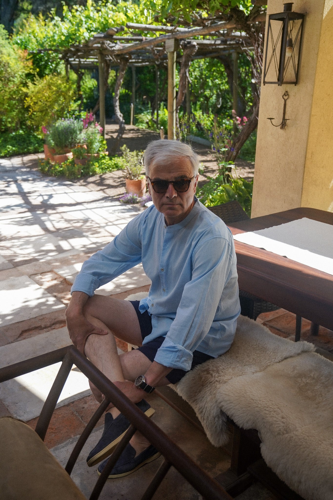 Camisa Lino Niza Cuello Mao Celeste