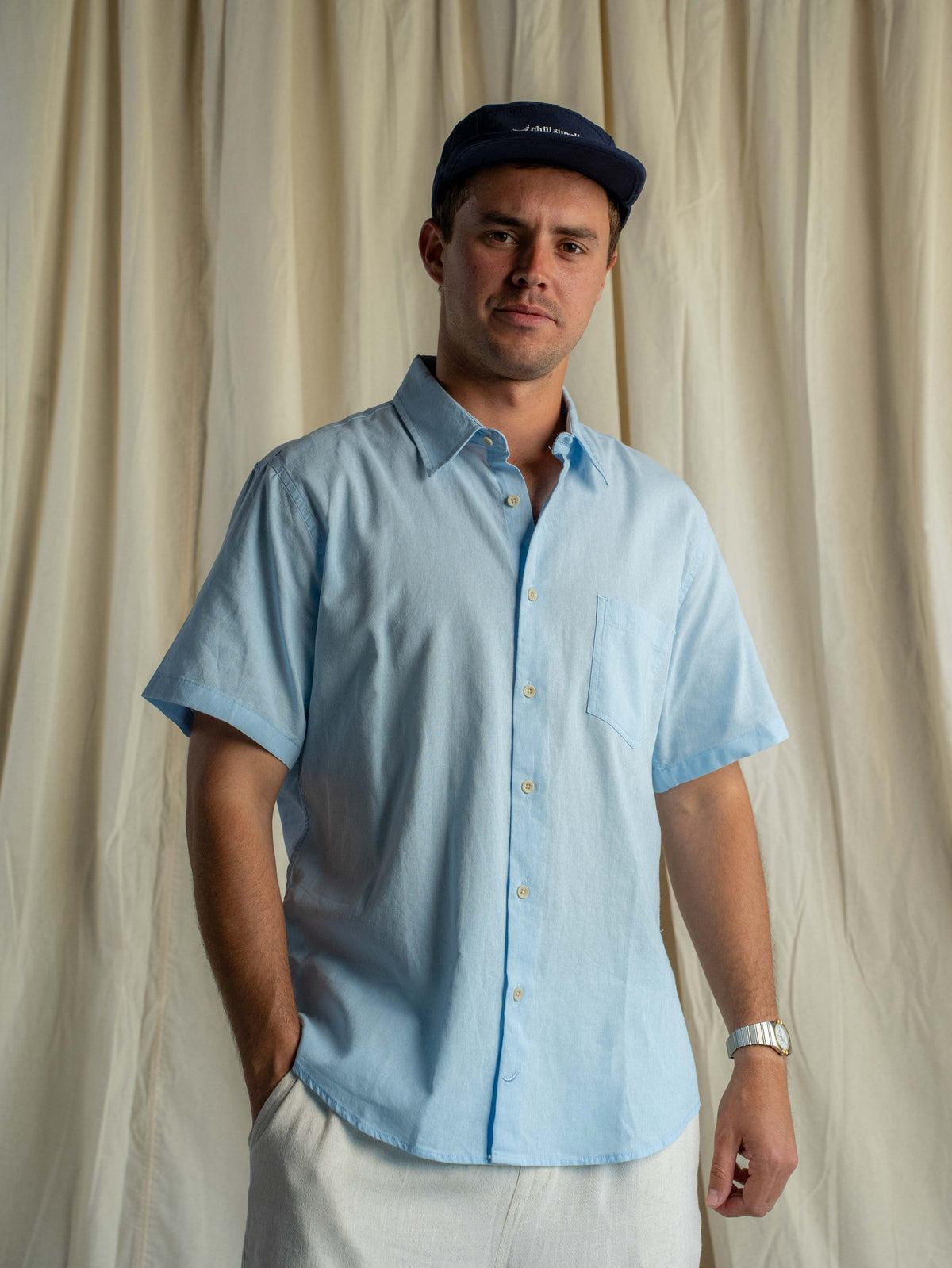 Camisa Lino Rapallo Manga Corta Celeste
