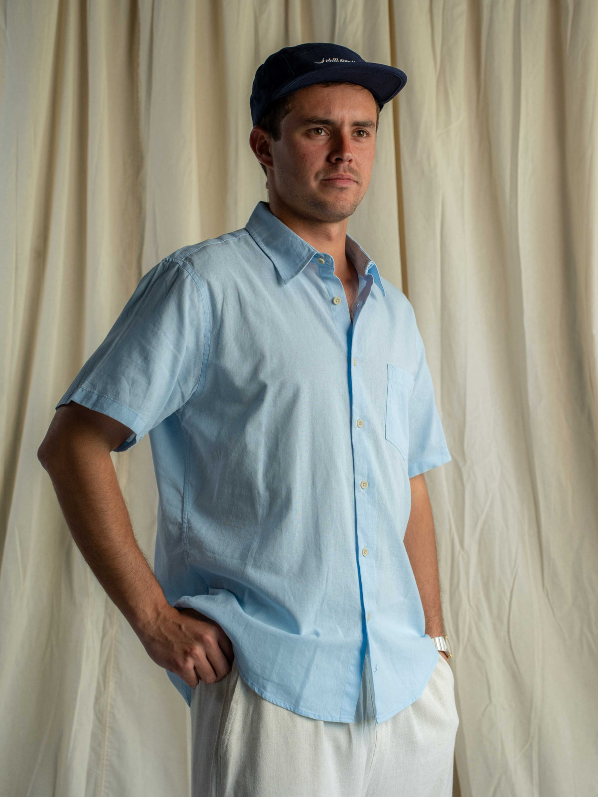 Camisa Lino Rapallo Manga Corta Celeste