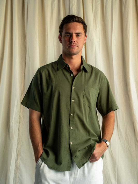 Camisa Lino Rapallo Manga Corta Verde Olivo