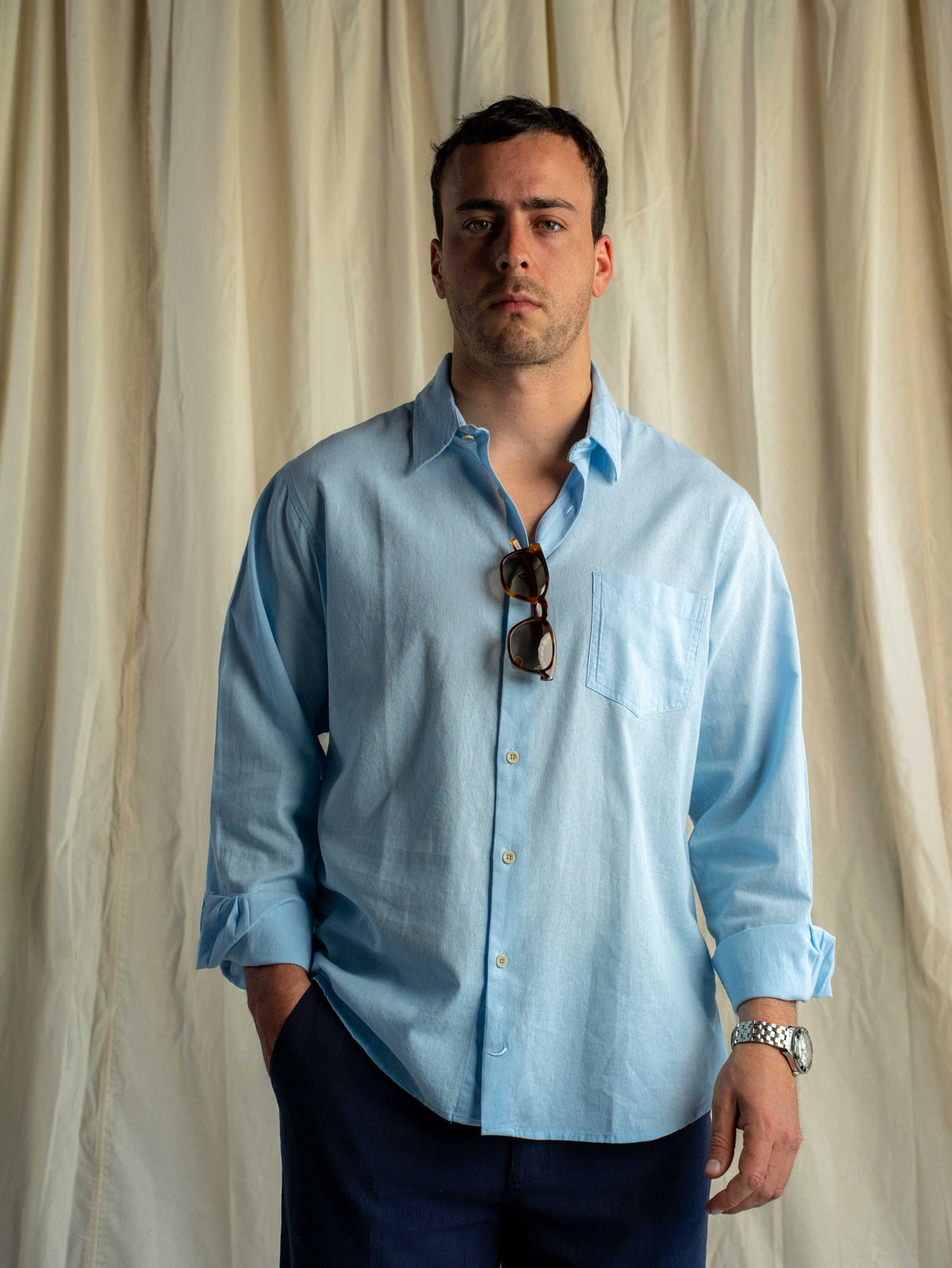 Camisa Lino Rapallo Clásica Celeste