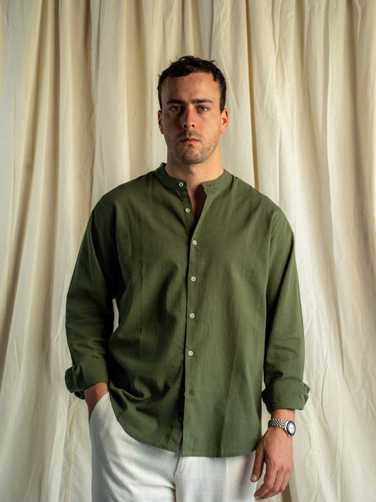 Camisa Lino Rapallo Cuello Mao Verde Olivo